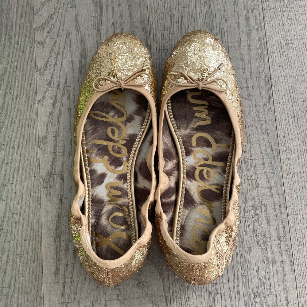 US 7.5 Sam Edelman Felicia Effegi Gold Glitter Ballet Flats